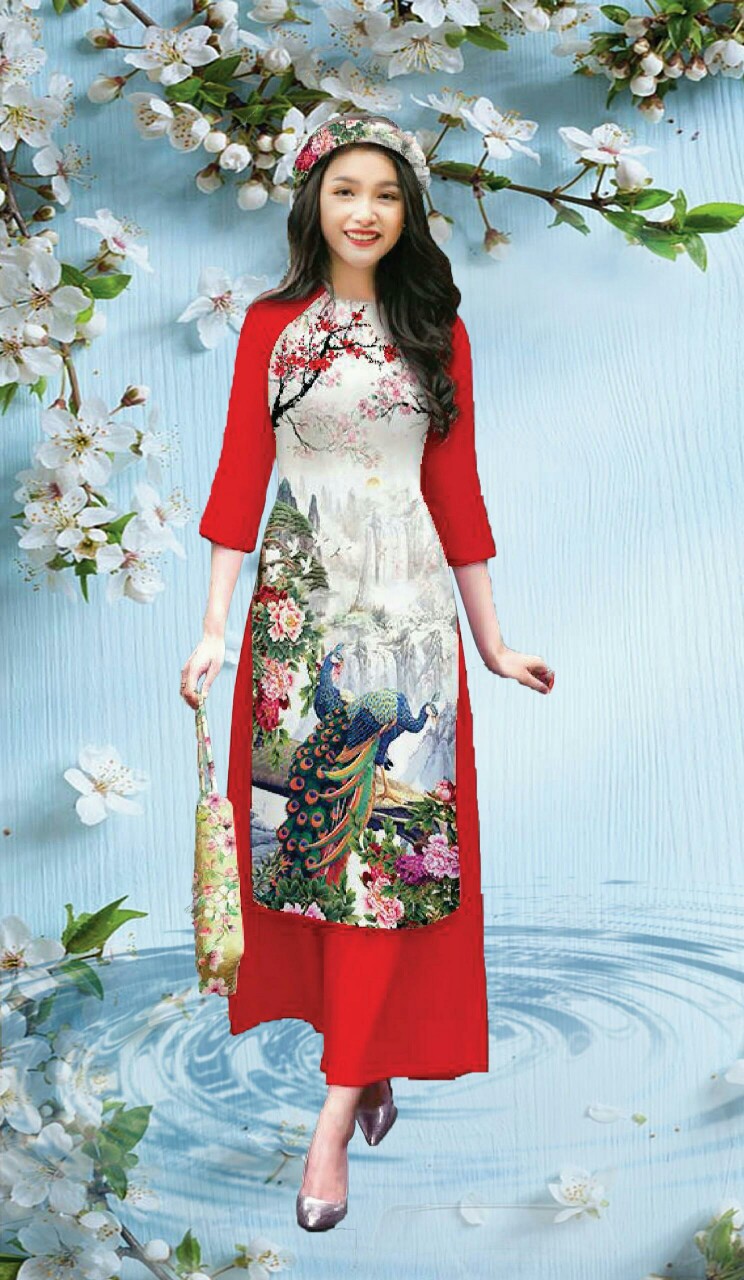 SET ÁO DÀI CÁCH TÂN HỌA TIẾT ĐÀO CÔNG - AV357